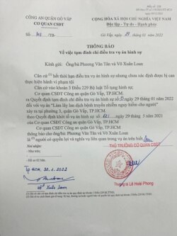 Thông báo của Công an quận Gò Vấp về việc tạm đình chỉ điều tra vụ án, ngày 29/1/2022. Facebook Loan Xuan Vo.