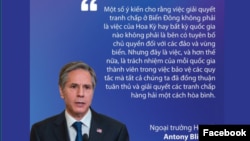 Ngoại trưởng Mỹ Antony Blinken và trích đoạn phát biểu của ông ở HĐBA LHQ ngày 9/8/2021. Photo Facebook US Embassy Hanoi.