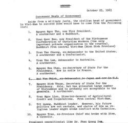 Công điện mật 25 tháng 10, 1963: Danh sách các nhân vật dân sự được xem là có thể thay thế tổng thống Ngô Đình Diệm hậu đảo chánh.